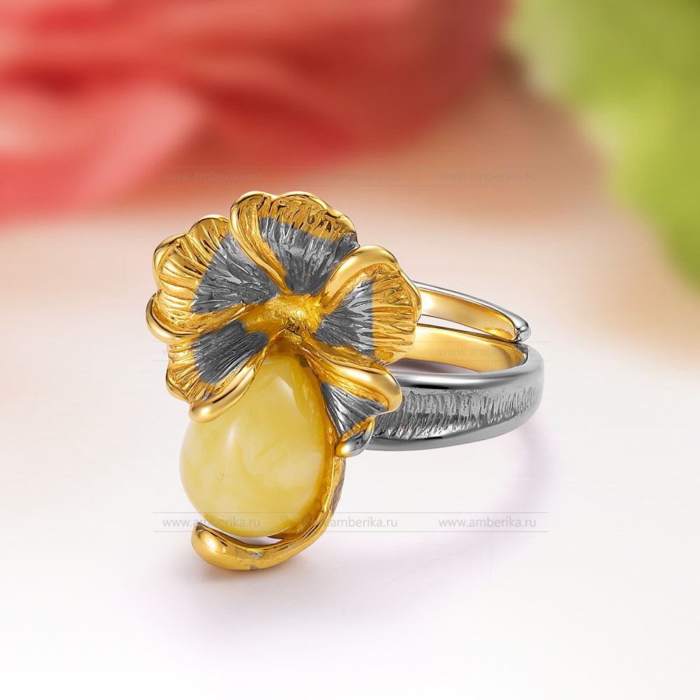 Кольцо из серебра 925 пробы с лимонным балтийским янтарем, артикул 12615