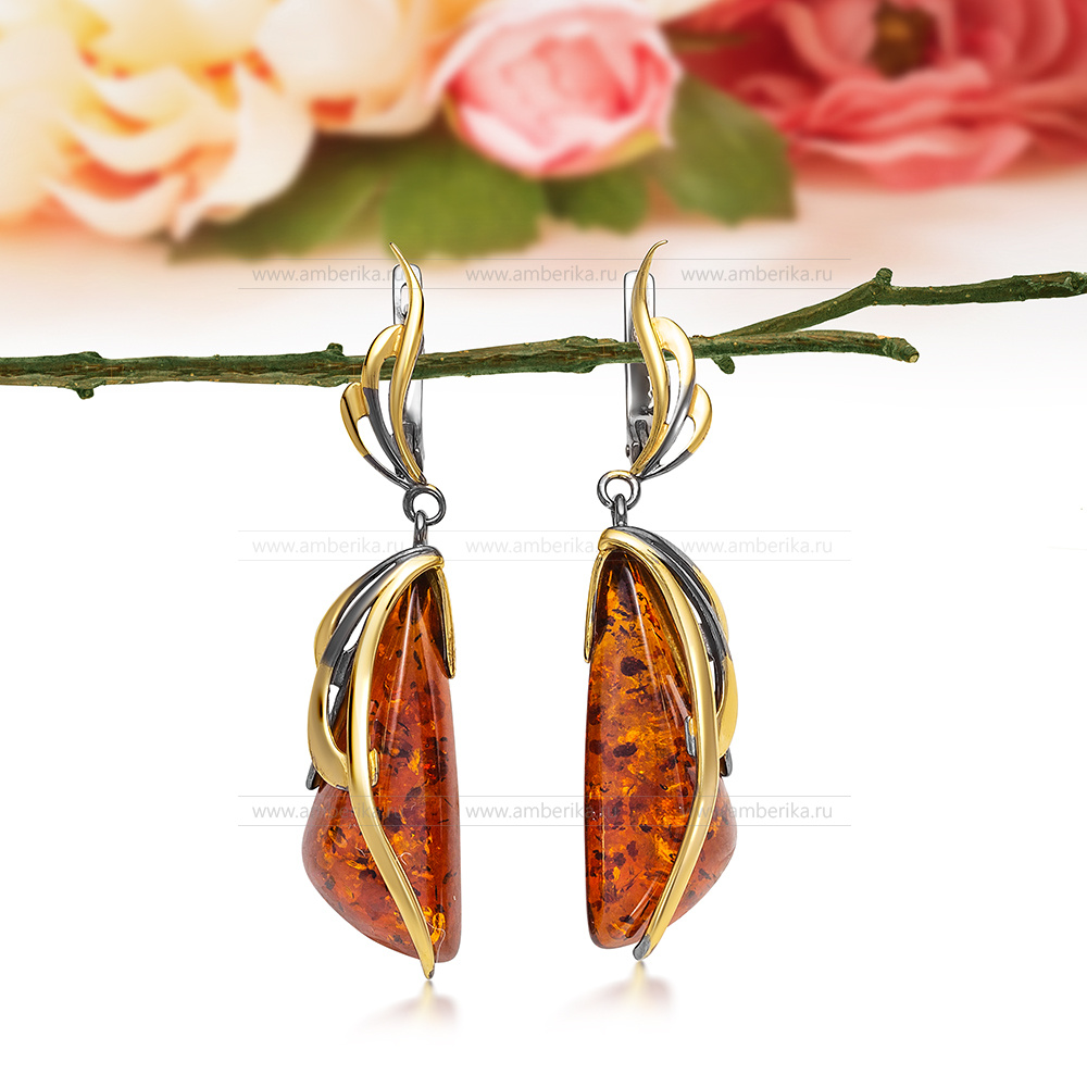 Серьги из серебра 925 пробы, украшенные коньячным балтийским янтарем, артикул 11799