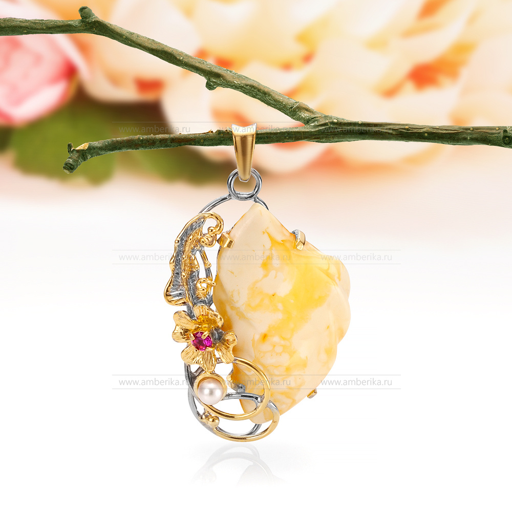 Кулон "Весенняя сказка" из серебра 925 пробы с природным янтарем, артикул 11456