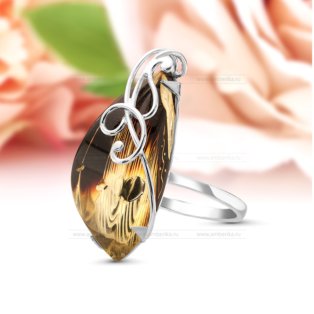 Кольцо из серебра 925 пробы с коньячным природным янтарем, артикул 11084