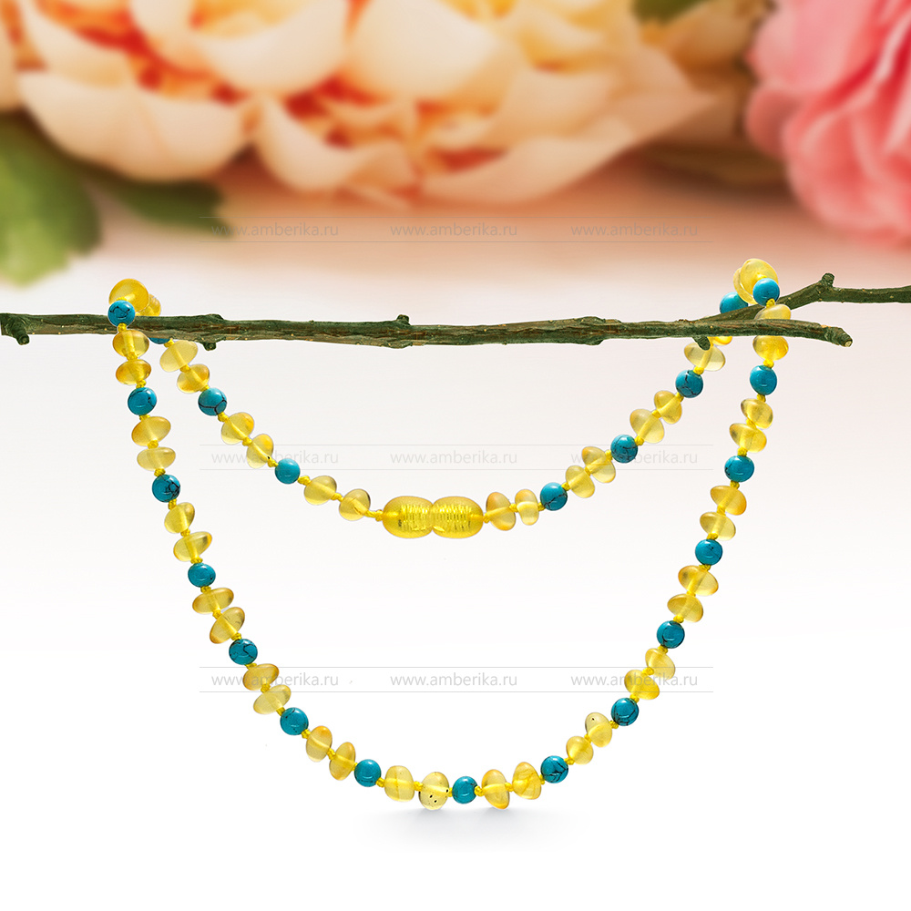 Детское ожерелье из лимонного натурального балтийского янтаря и бирюзы, артикул 12685