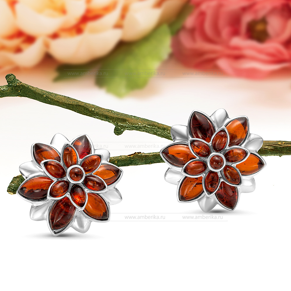 Серьги из серебра 925 пробы с коньячным балтийским янтарем, артикул 12295