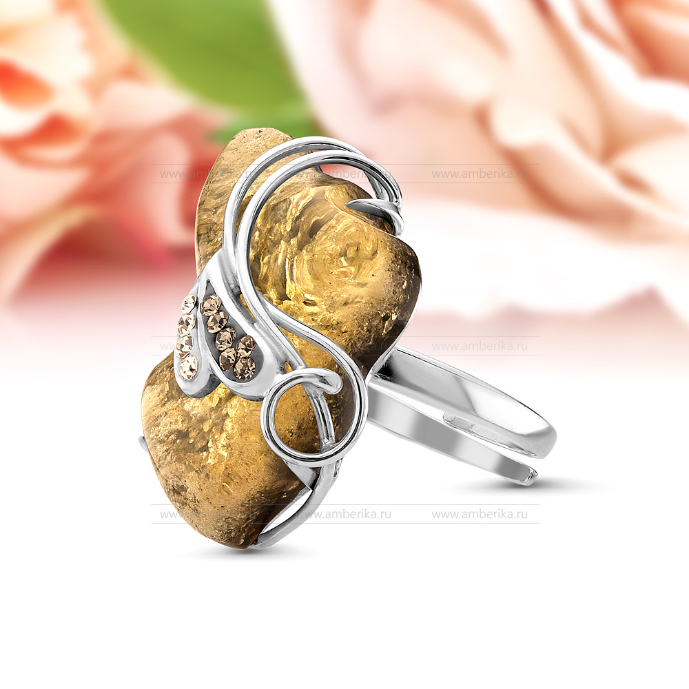 Кольцо из серебра 925 пробы с зеленым природным балтийским янтарем, артикул 11087