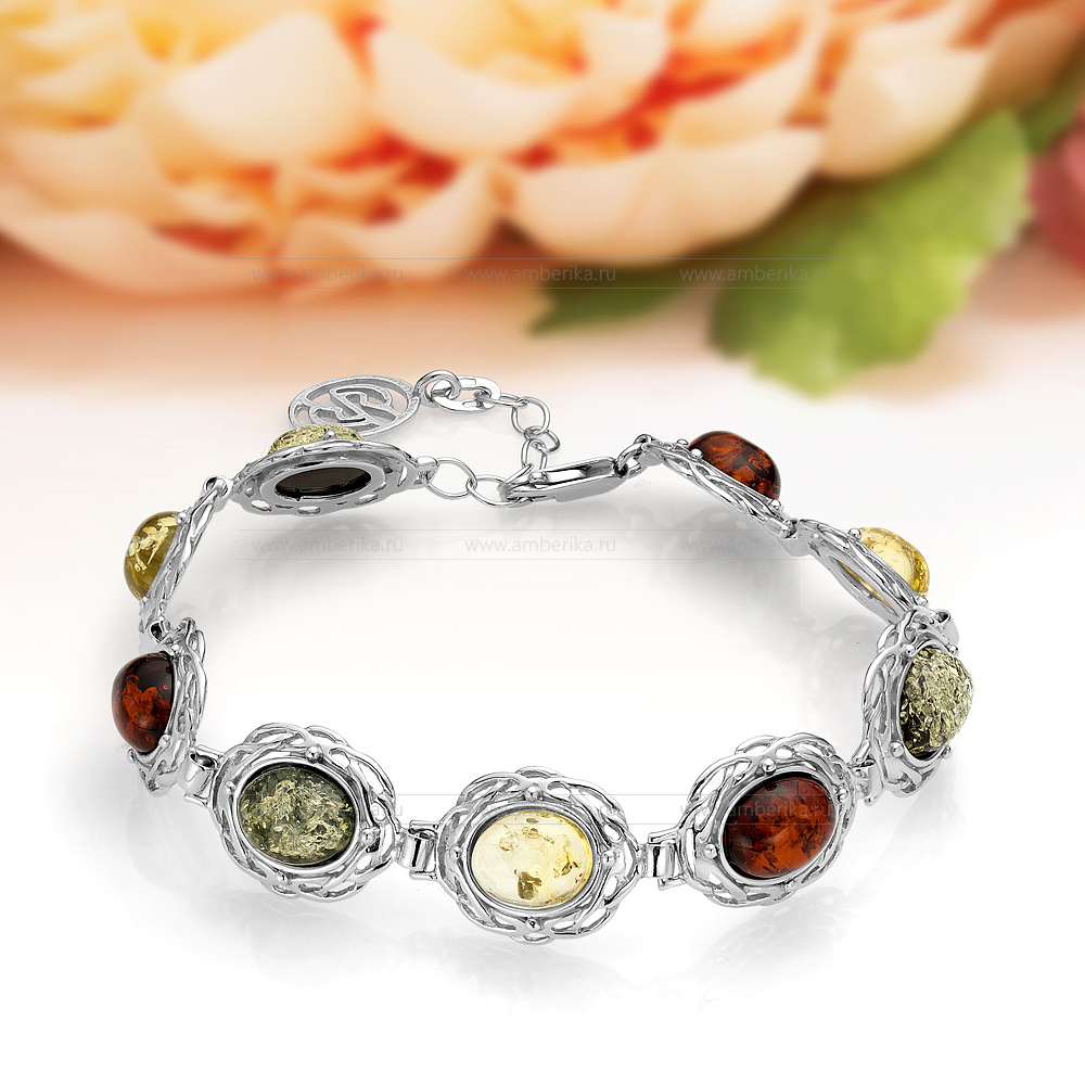Браслет из натурального балтийского янтаря "микс" в серебре, артикул 12130