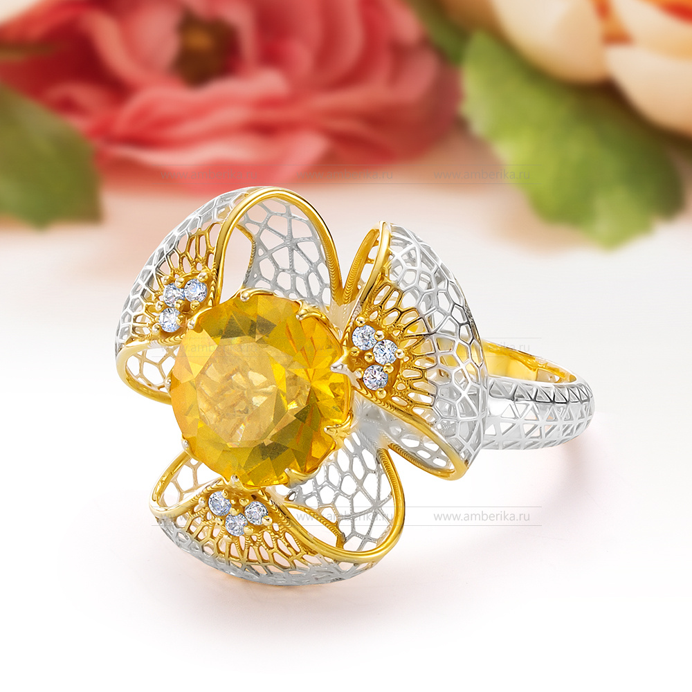 Кольцо из серебра 925 пробы с лимонным природным балтийским янтарем, артикул 12572