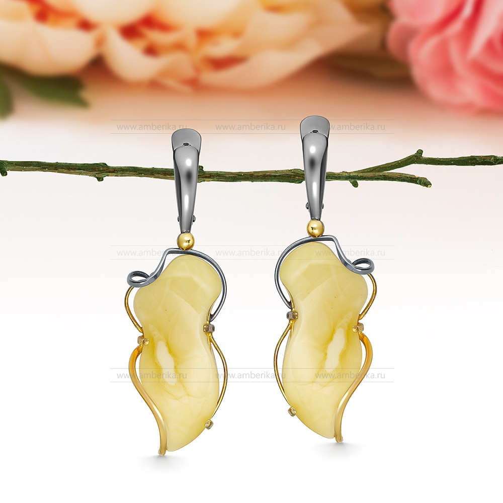 Серьги из серебра 925 пробы, украшенные лимонным природным янтарем, артикул 2015