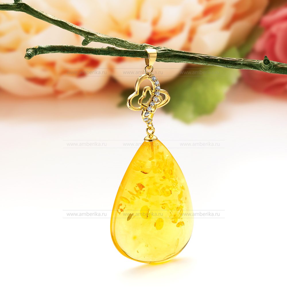 Кулон "Батерфляй" из серебра 925 пробы с природным янтарем, артикул 11601