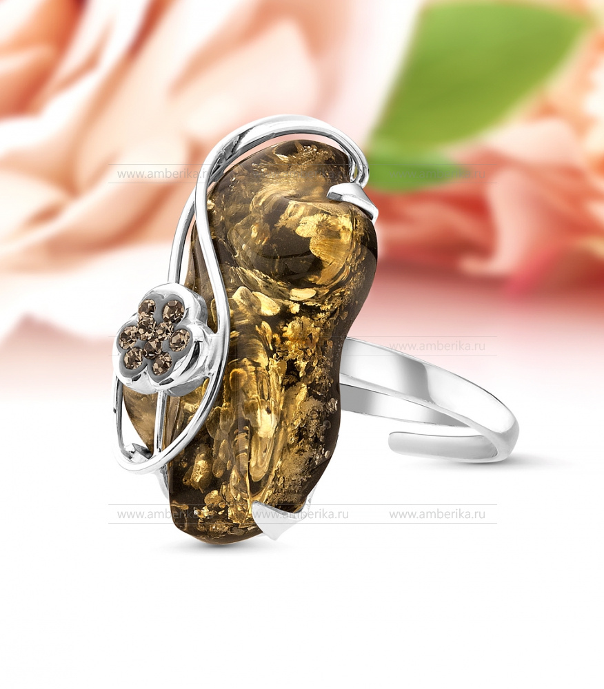 Кольцо из серебра 925 пробы с зеленым балтийским янтарем, артикул 11079