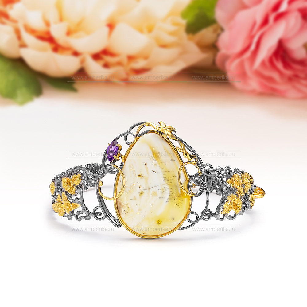 Браслет из Императорского балтийского янтаря в серебре 925 пробы, артикул 12354