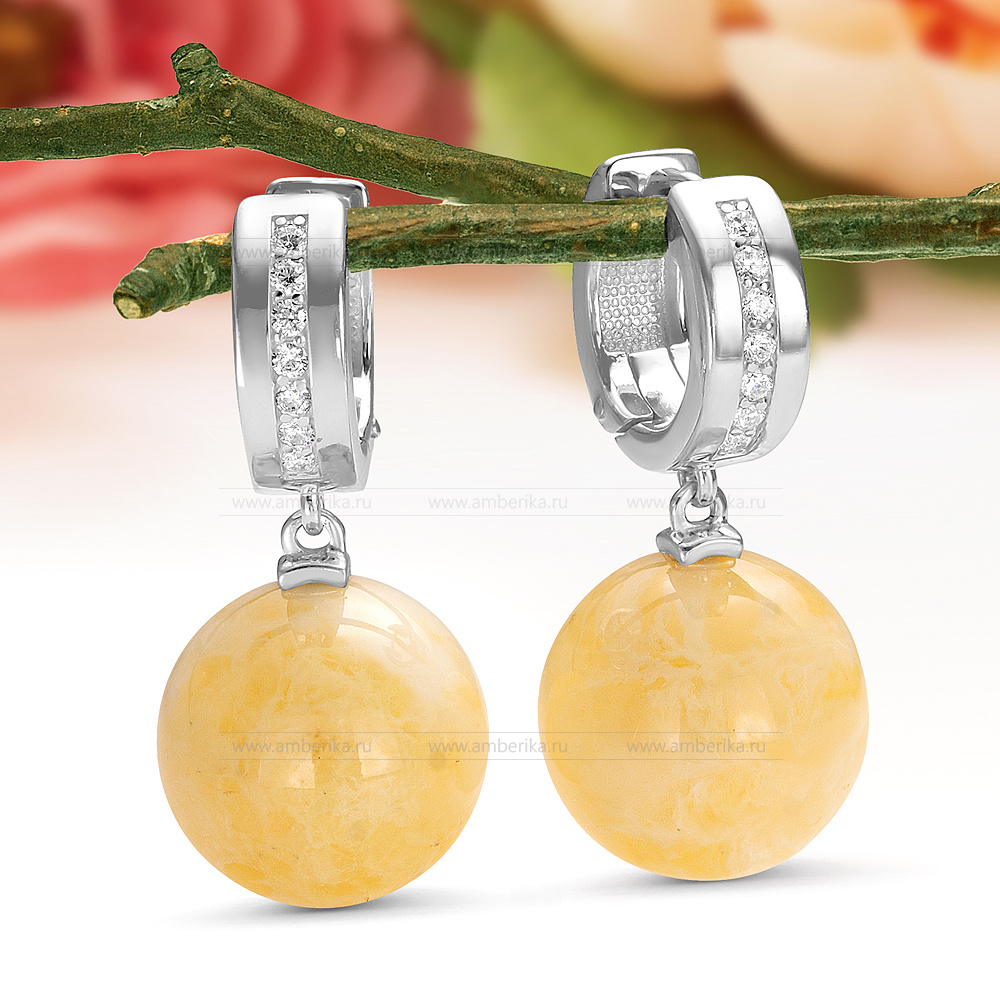 Серьги из серебра 925 пробы с лимонным балтийским янтарем, артикул 12390