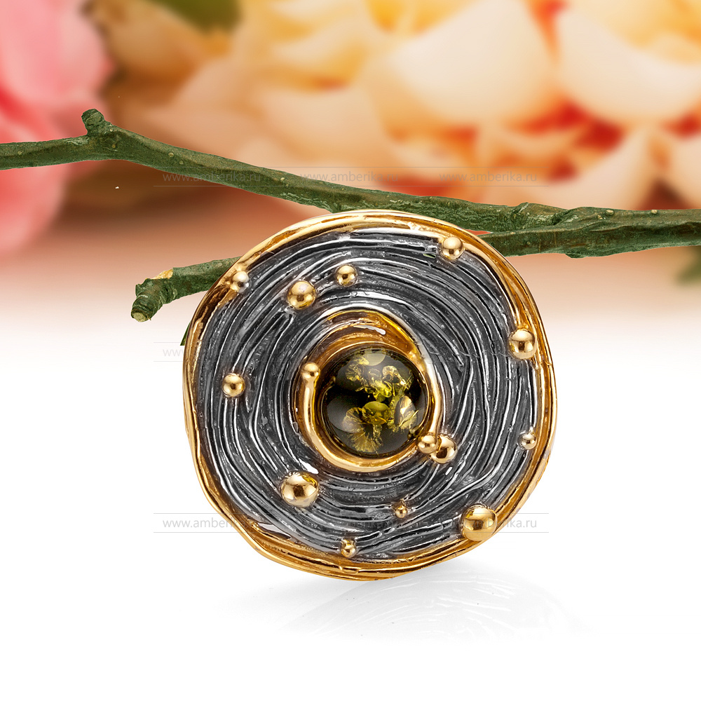 Кулон "Галактика" из серебра 925 пробы с зеленым янтарем, артикул 11499