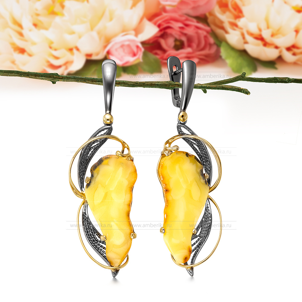 Серьги из серебра с лимонным балтийским янтарем, артикул 11822