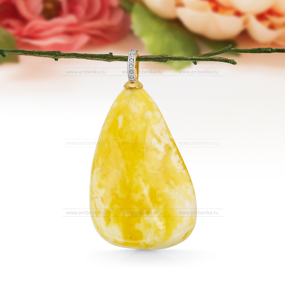 Кулон из золота 585 пробы, украшенный лимонным балтийским янтарем, артикул 11524