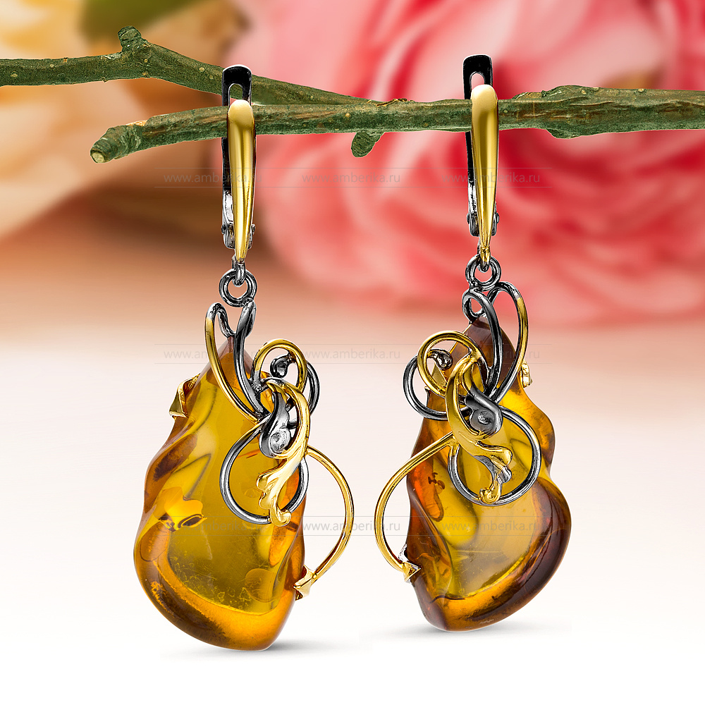 Серьги из серебра 925 пробы, украшенные природным янтарем, артикул 11244