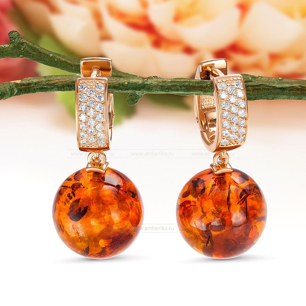 Серьги из серебра 925 пробы с коньячным балтийским янтарем, артикул 12452