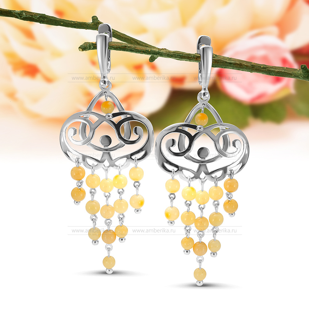 Серьги из серебра 925 пробы с лимонным балтийским янтарем, артикул 12336