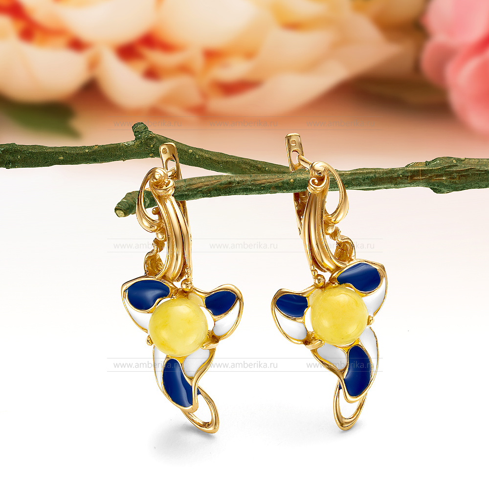 Серьги из серебра 925 пробы с лимонным балтийским янтарем и эмалью, артикул 11203