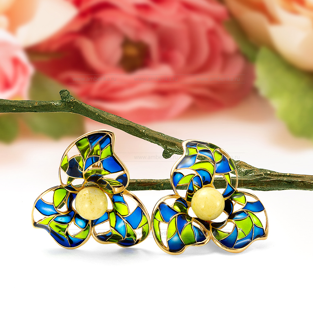 Серьги из серебра 925 пробы, украшенные лимонным янтарем и эмалью, артикул 12199