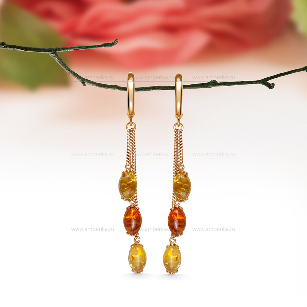 Серьги "Фаберже" из серебра 925 пробы, украшенные балтийским янтарем цвета "микс", артикул 11164