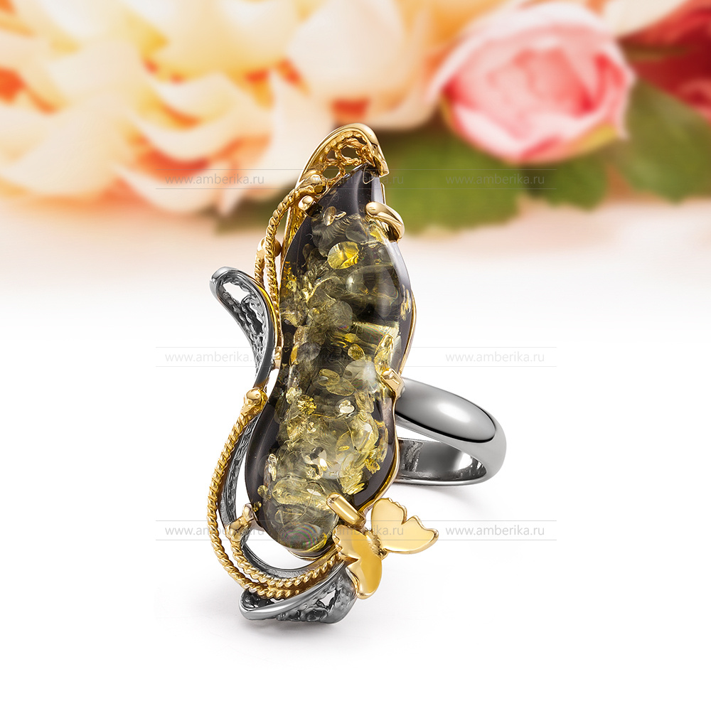 Кольцо из серебра 925 пробы с зеленым природным балтийским янтарем, артикул 12637