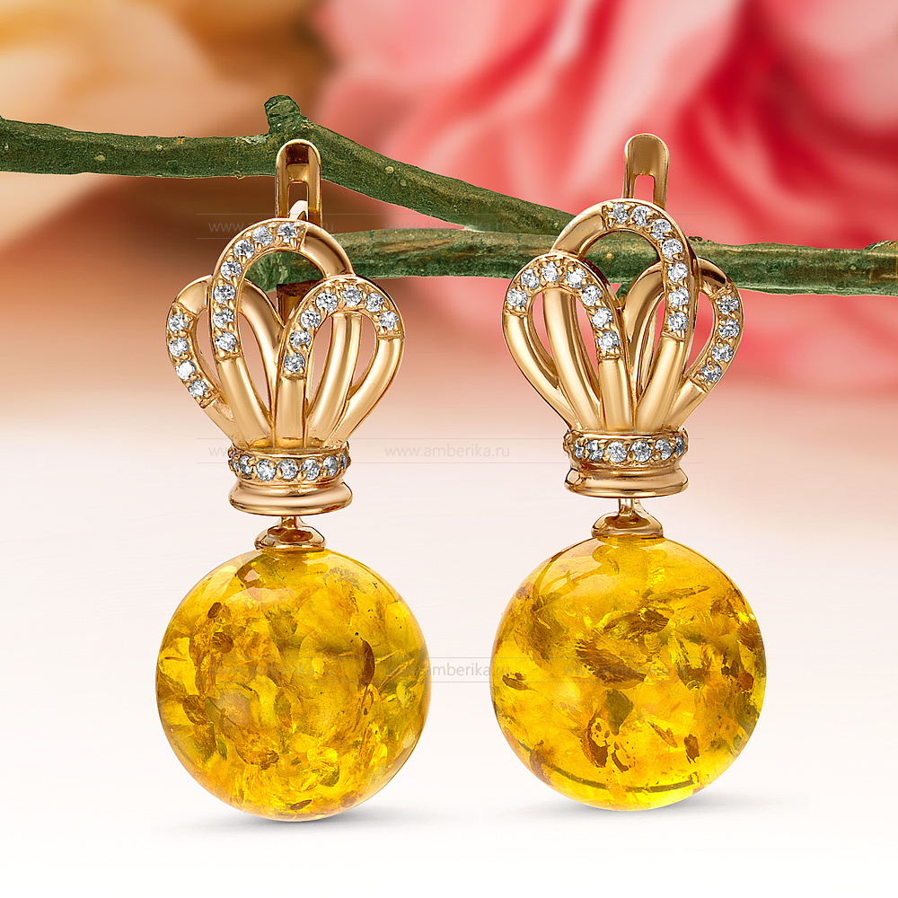 Серьги "Корона" из серебра 925 пробы с золотистым балтийским янтарем, артикул 11696