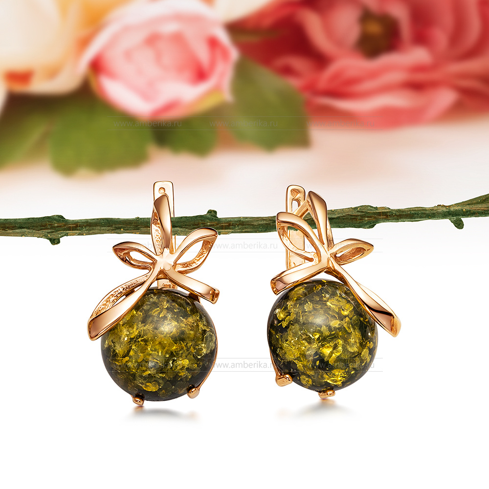 Серьги из серебра 925 пробы, украшенные зеленым балтийским янтарем, артикул 10838