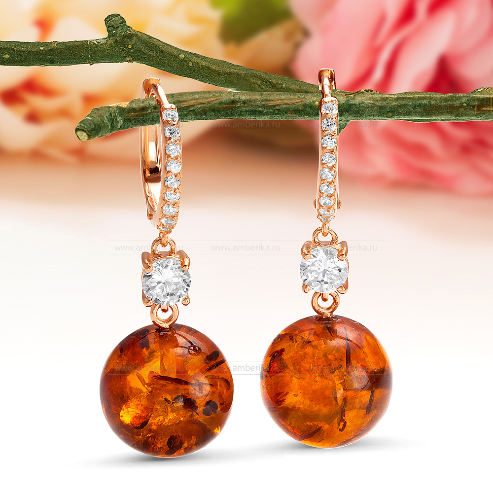 Серьги из серебра 925 пробы с коньячным балтийским янтарем, артикул 12420