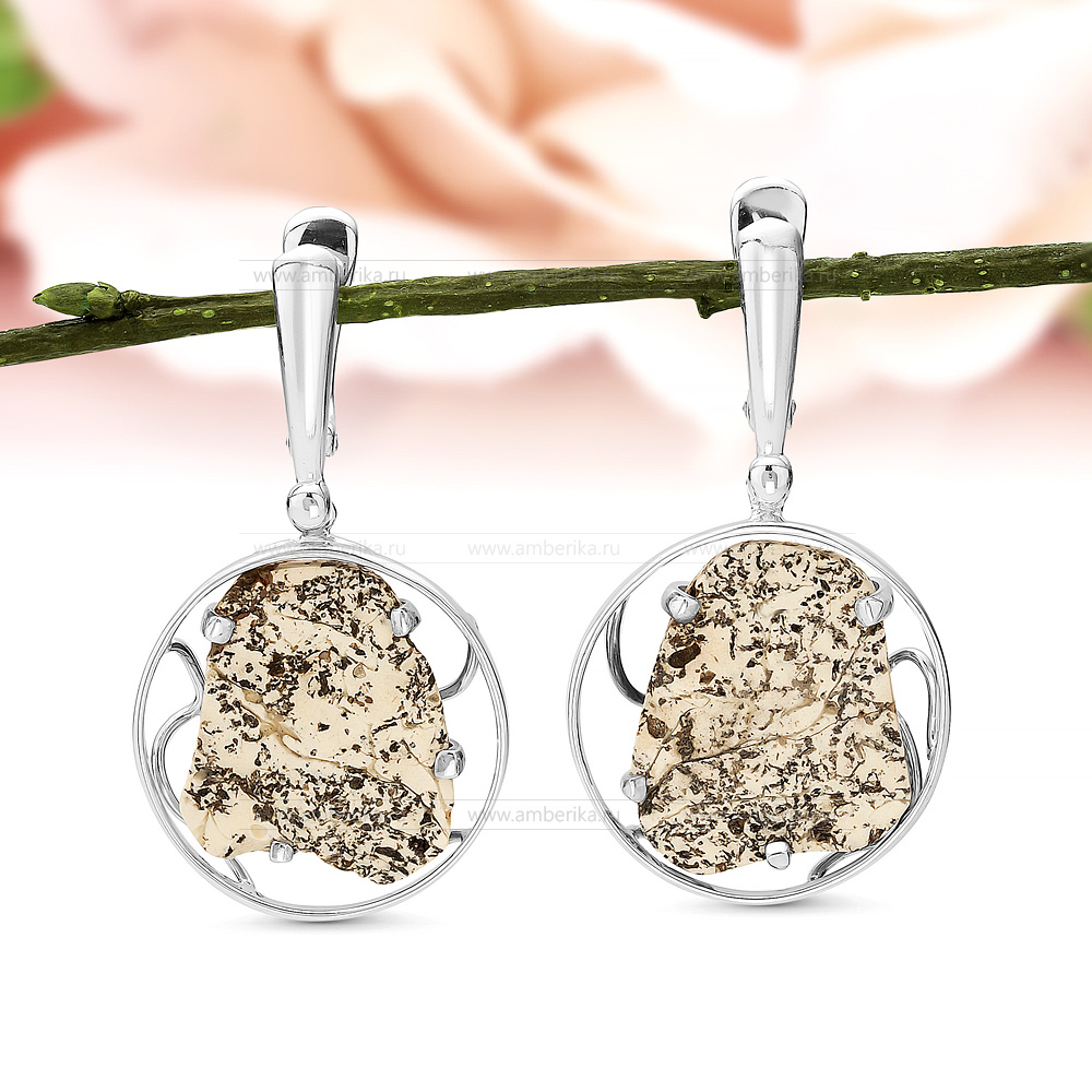 Серьги из серебра 925 пробы, украшенные природным янтарем, артикул 11285