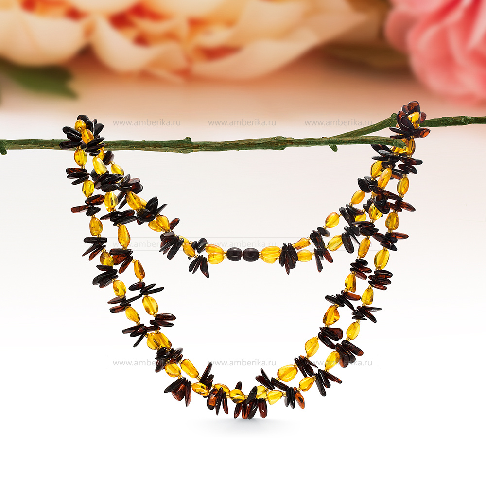Ожерелье 2-рядное "микс" из балтийского природного янтаря, артикул 12672