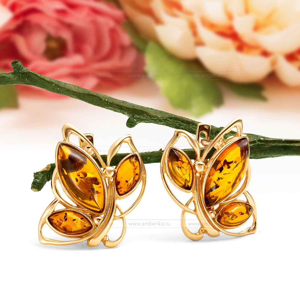 Серьги "Бабочки" из серебра, украшенные природным янтарем, артикул 11743