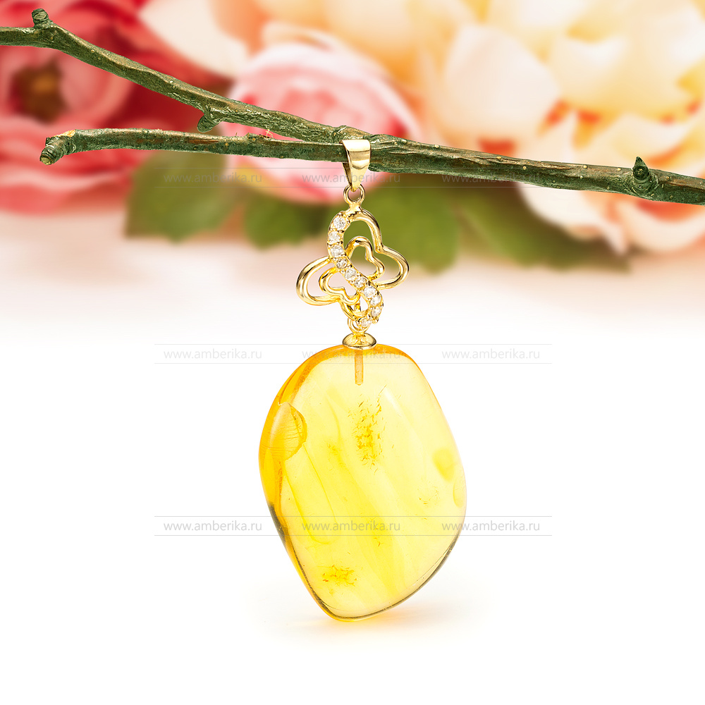 Кулон "Батерфляй" из серебра 925 пробы с природным янтарем, артикул 11609