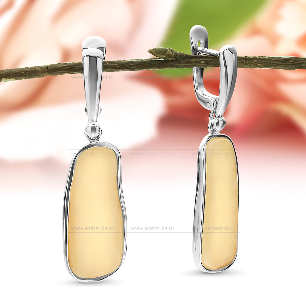 Серьги из серебра 925 пробы, украшенные лимонным природным янтарем, артикул 10996