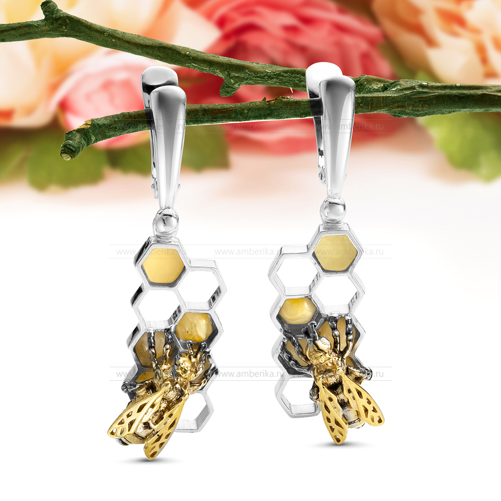 Серьги "Медовые" из серебра 925 пробы, украшенные лимонным янтарем, артикул 11692