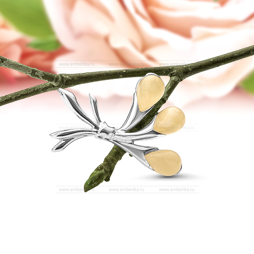 Брошь из серебра 925 пробы с лимонным природным балтийским янтарем, артикул 11262