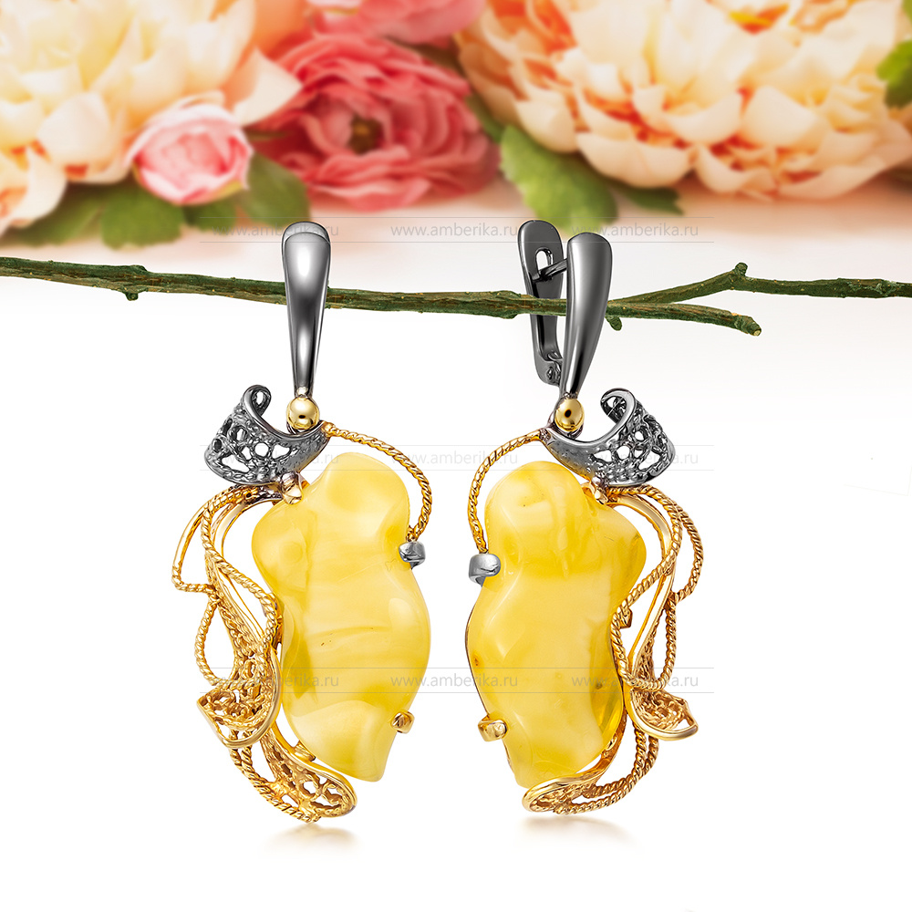 Серьги из серебра с лимонным балтийским янтарем, артикул 12322