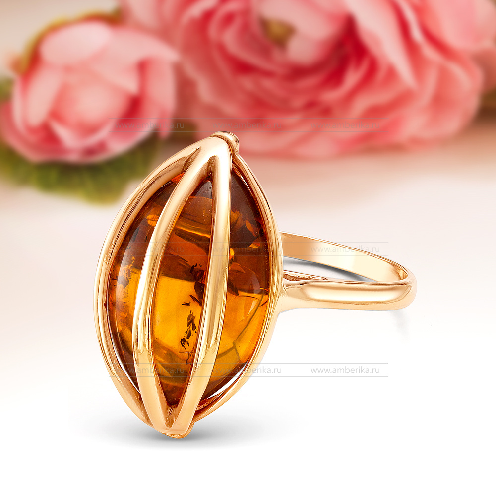Кольцо из серебра 925 пробы с коньячным природным балтийским янтарем, артикул 2173