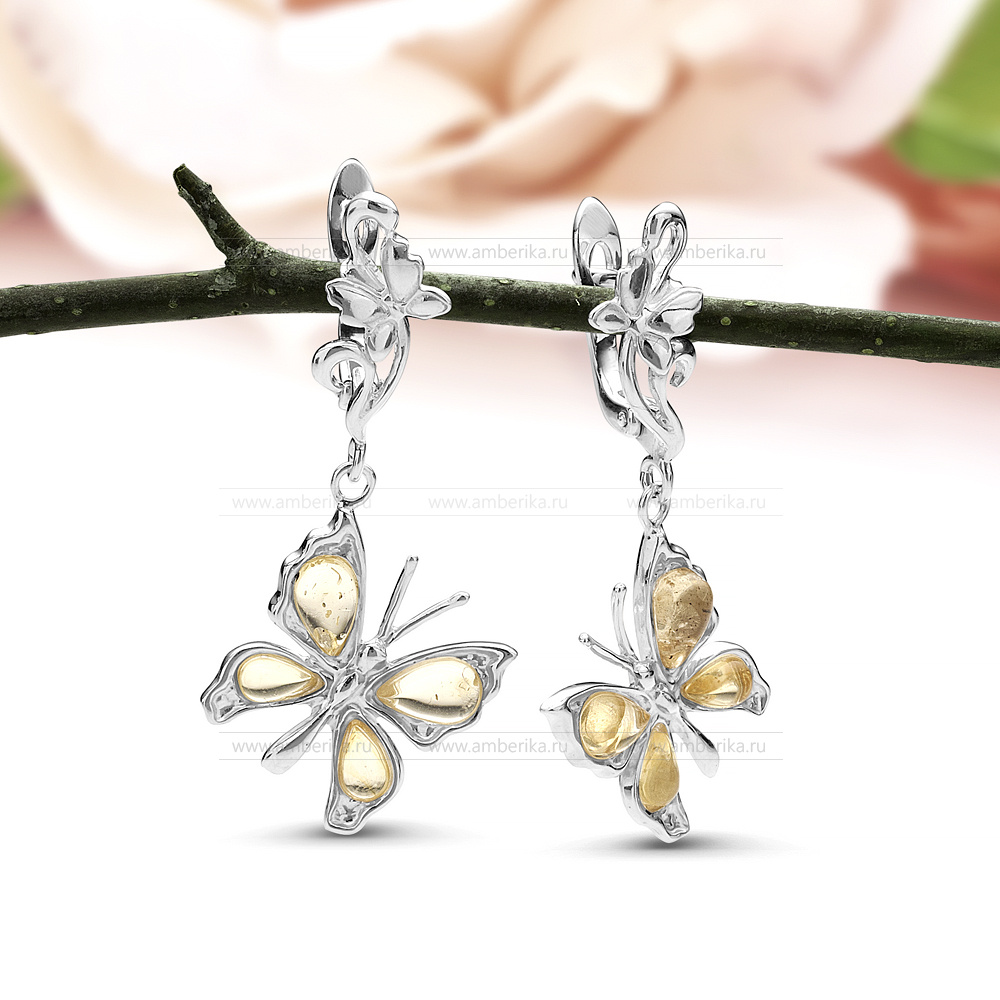 Серьги "Бабочки" из серебра 925 пробы, украшенные золотистым янтарем, артикул 11242