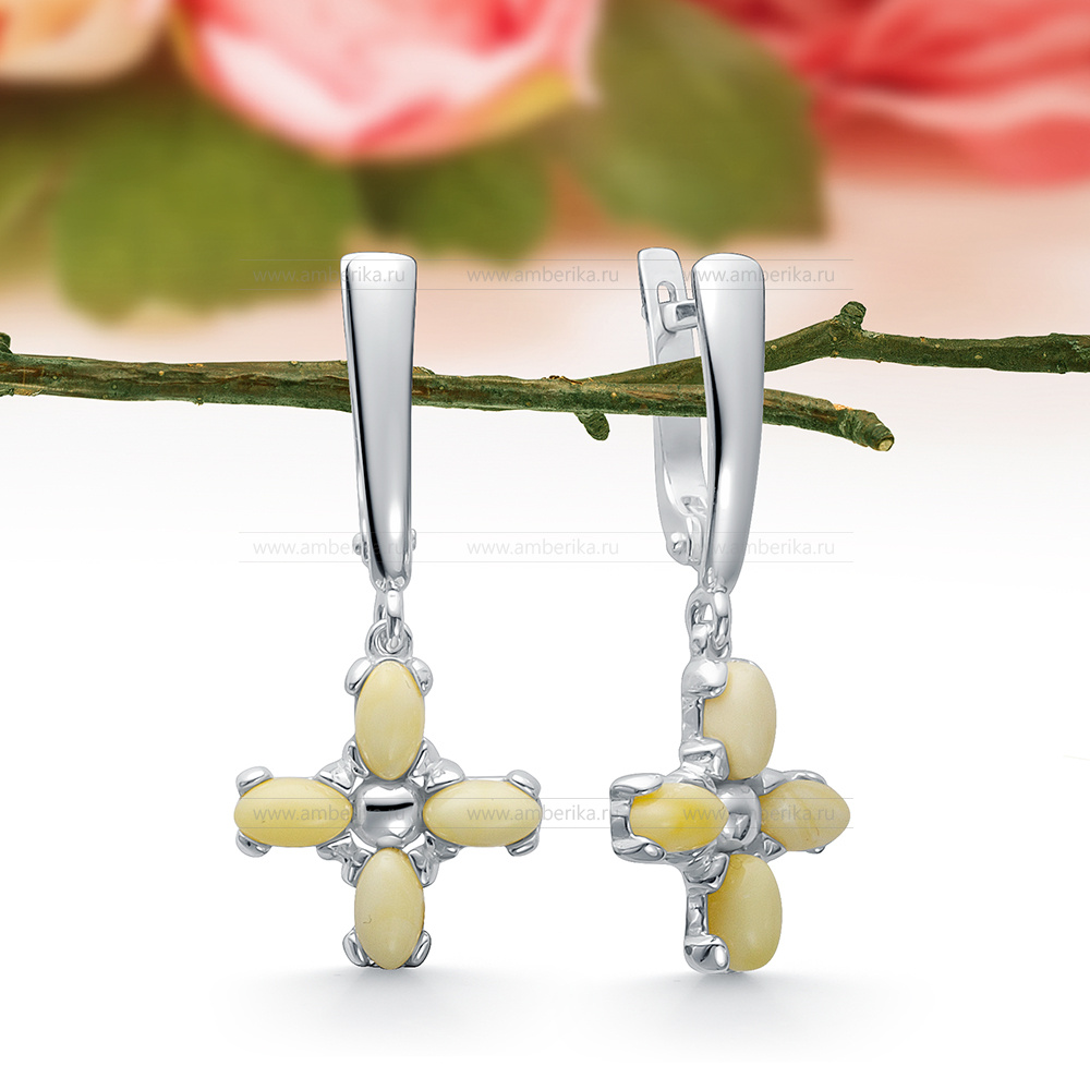 Серьги из серебра 925 пробы с белым природным балтийским янтарем, артикул 12603