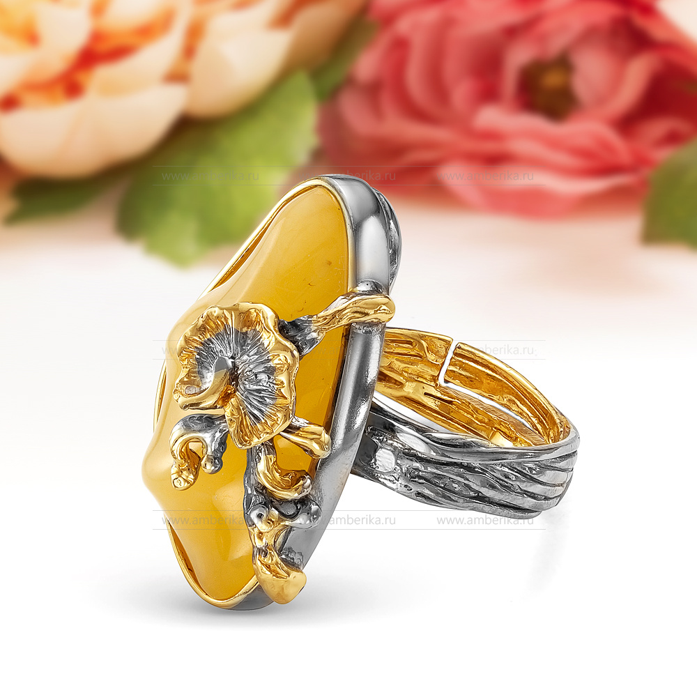 Кольцо из серебра 925 пробы с лимонным балтийским янтарем, артикул 1935