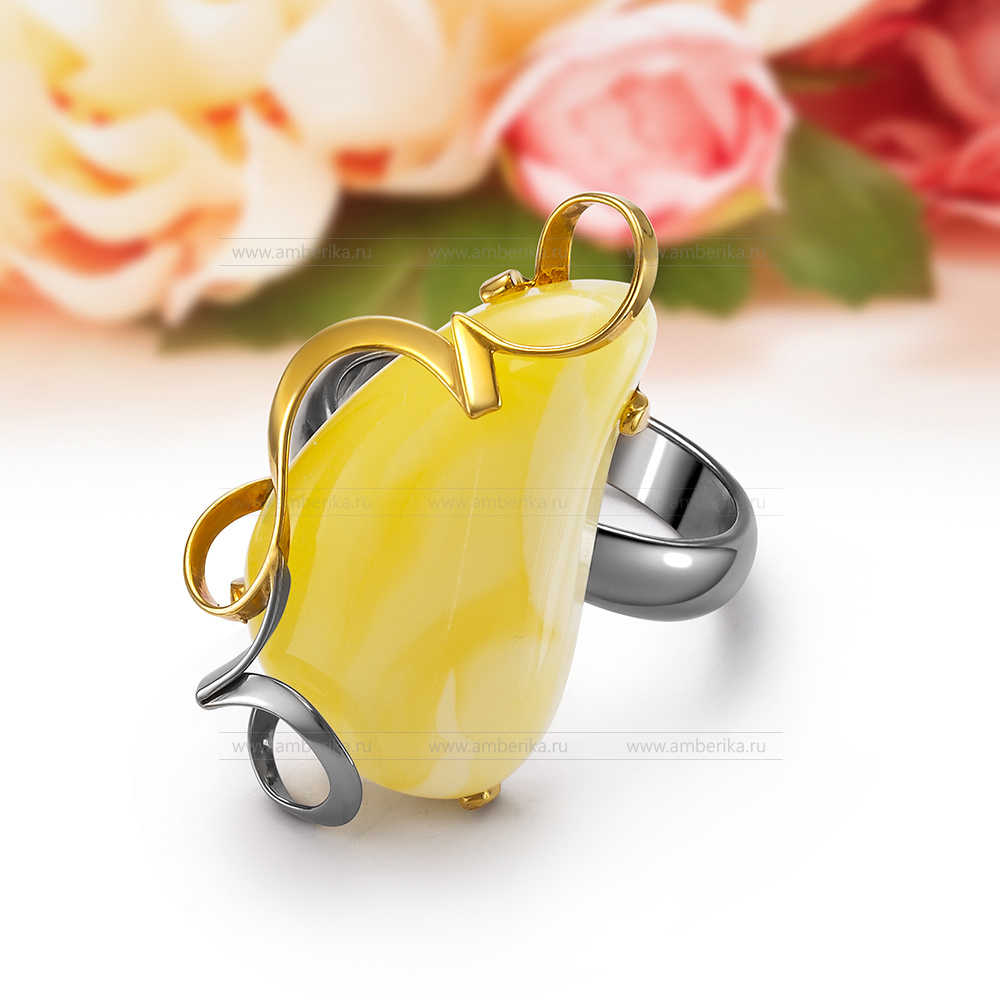 Кольцо из серебра с лимонным природным балтийским янтарем, артикул 11153
