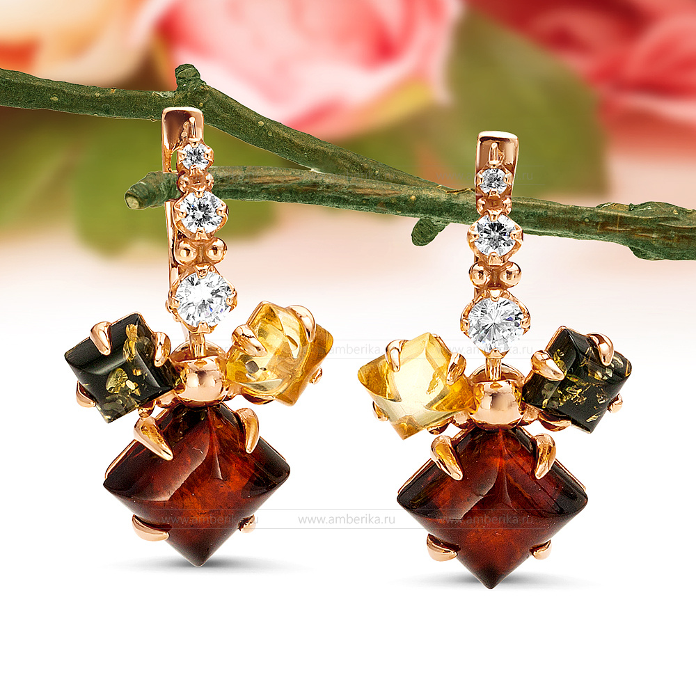 Серьги из серебра 925 пробы с природным балтийским янтарем "микс", артикул 12312