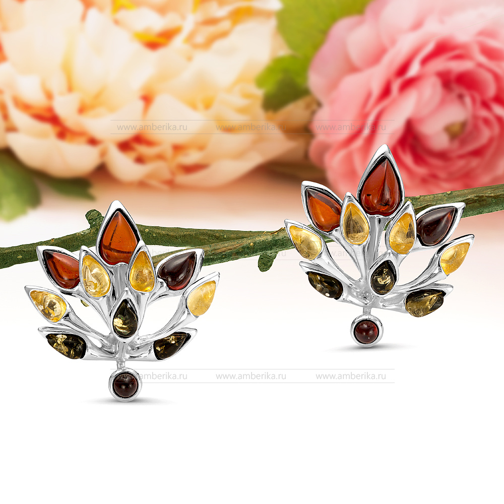 Серьги из серебра 925 пробы с природным балтийским янтарем "микс", артикул 12294