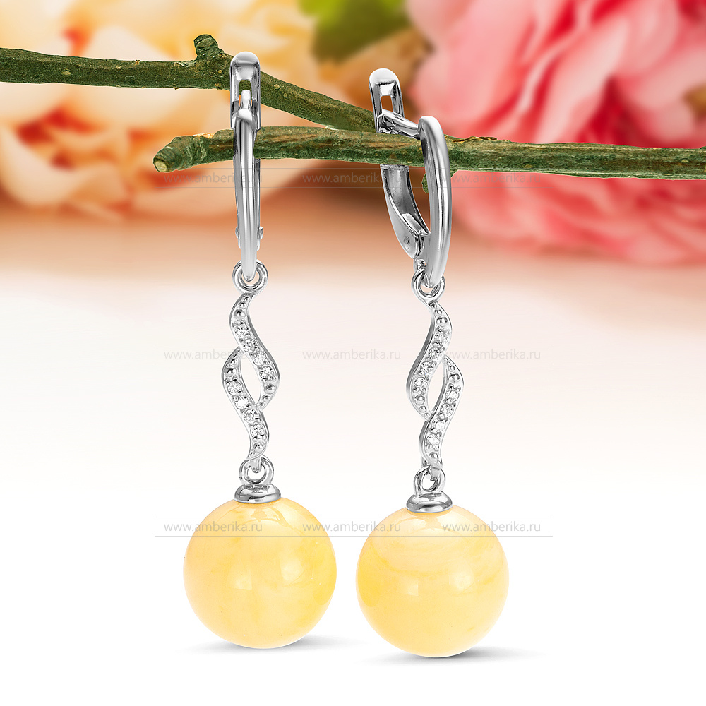Серьги из серебра 925 пробы с лимонным балтийским янтарем, артикул 12402