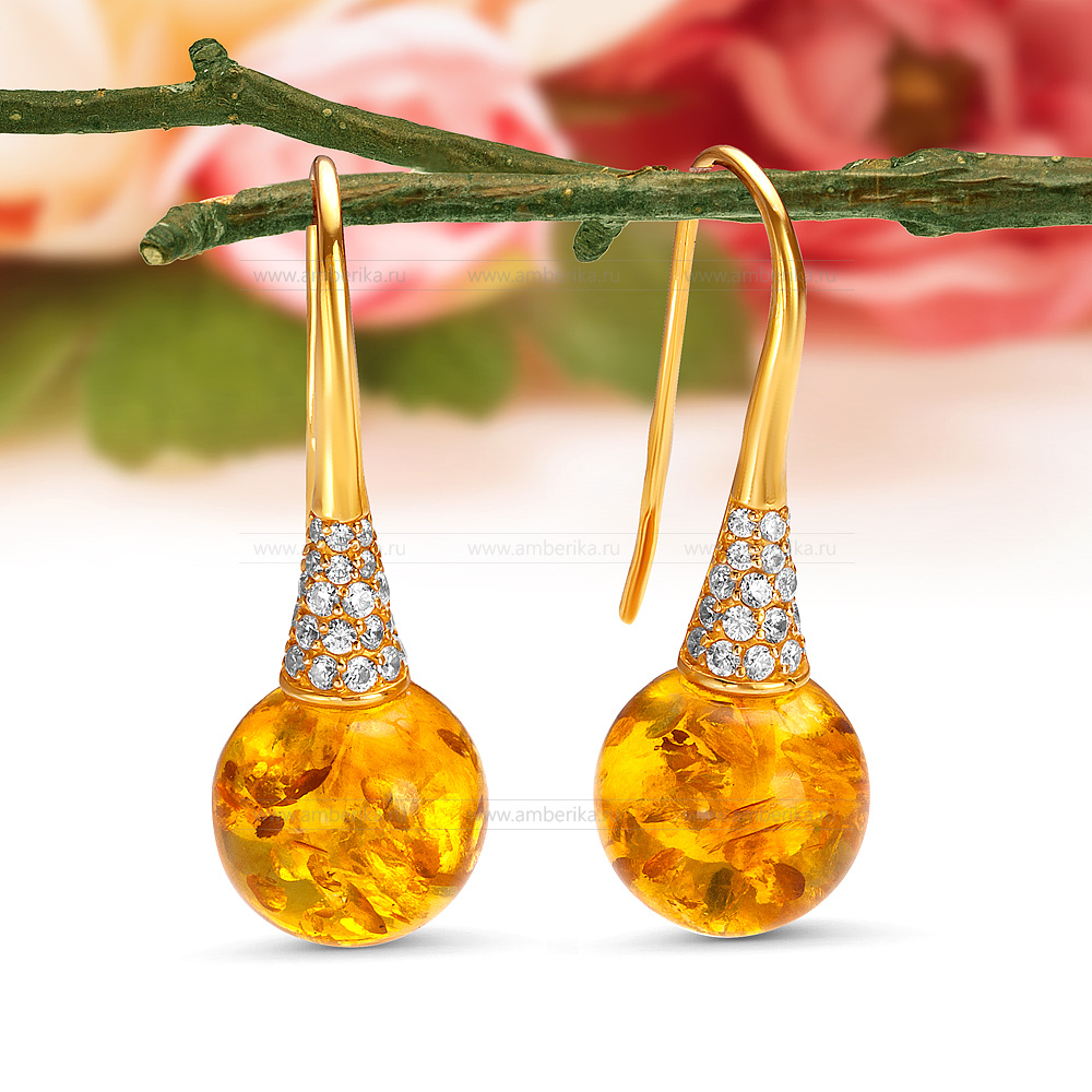 Серьги из серебра 925 пробы с золотистым балтийским янтарем, артикул 12415
