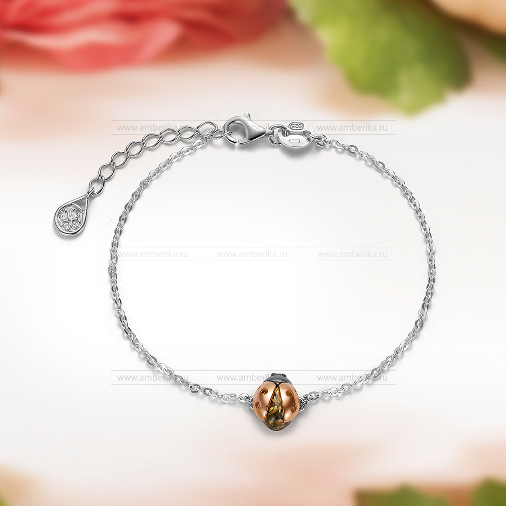 Браслет из зеленого природного балтийского янтаря в серебре, артикул 12373